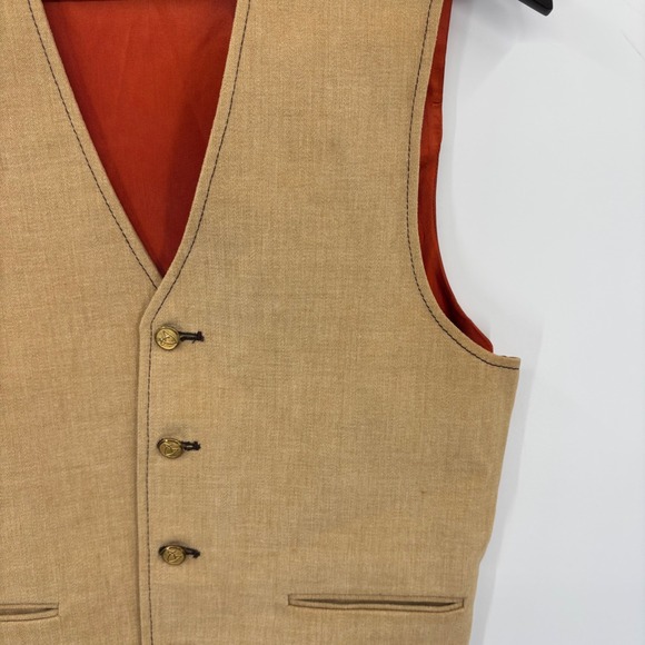 Mens Tan Linen Blend Button Down V Neck Sleeveless Vest 34R Orange Satin Back - Picture 11 of 16